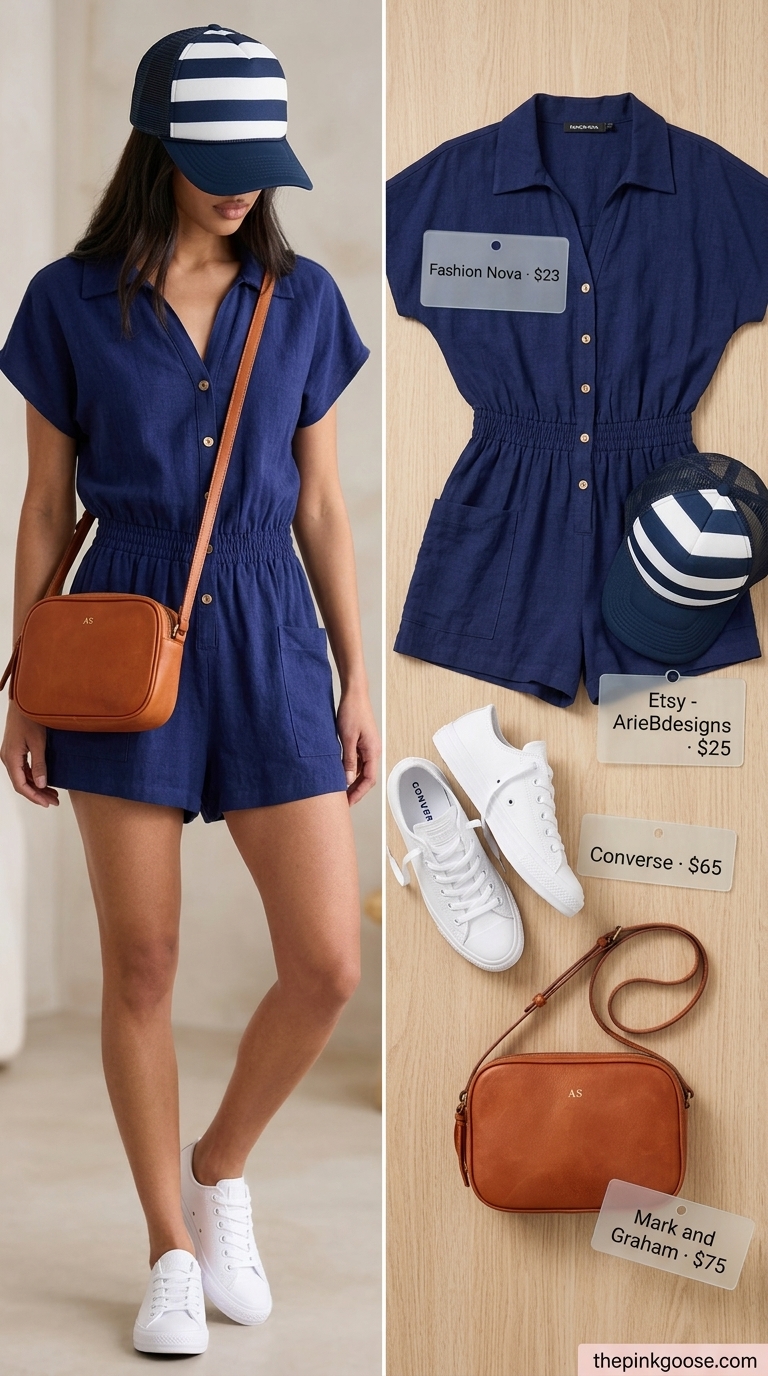 Hourglass curvy outfit summer 2026: Navy blue linen romper with white sneakers and baseball cap for casual day.