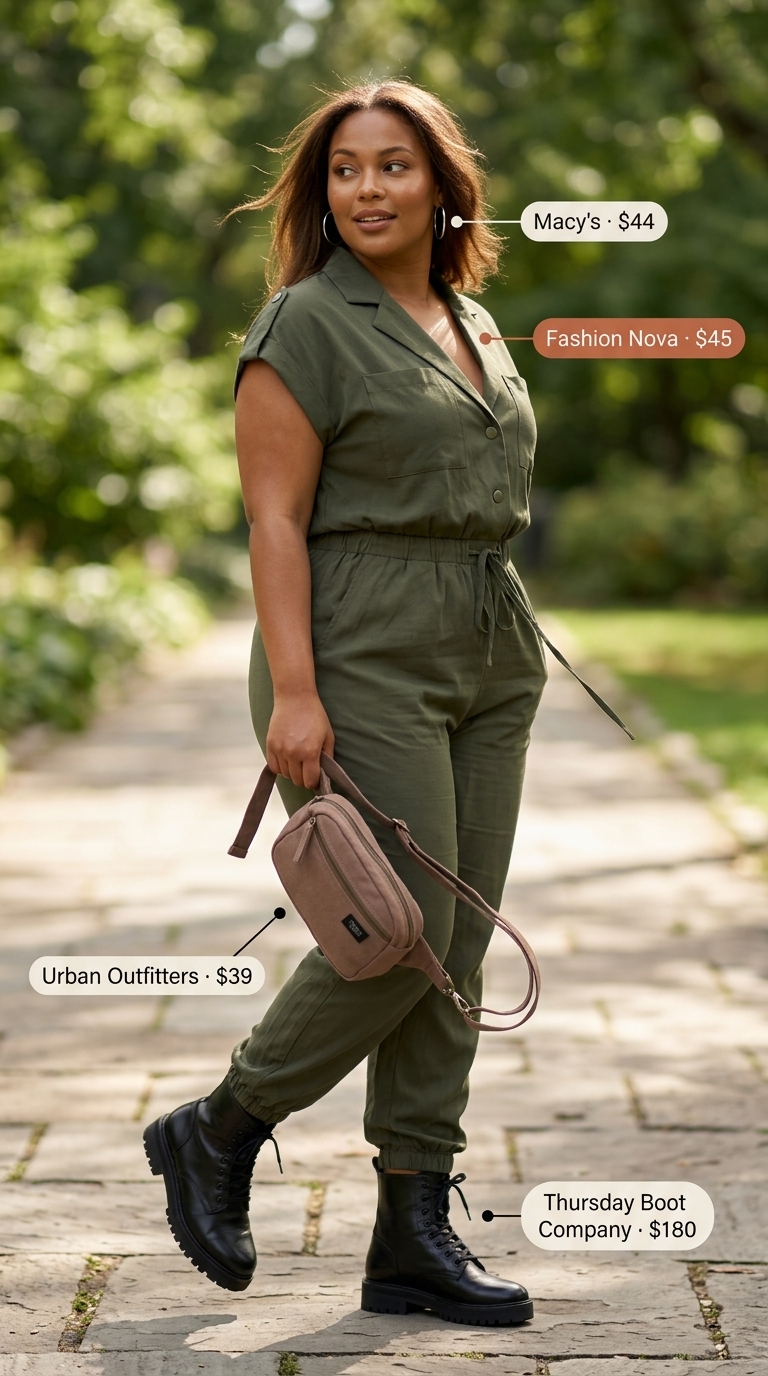 Hourglass curvy outfit summer 2026: Olive utility jumpsuit with combat boots and canvas belt bag.