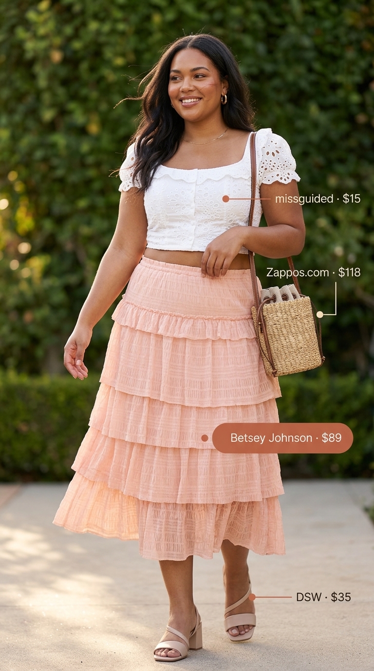 Hourglass curvy outfit summer 2026: Pastel pink tiered midi skirt with white eyelet top and straw bag for brunch.
