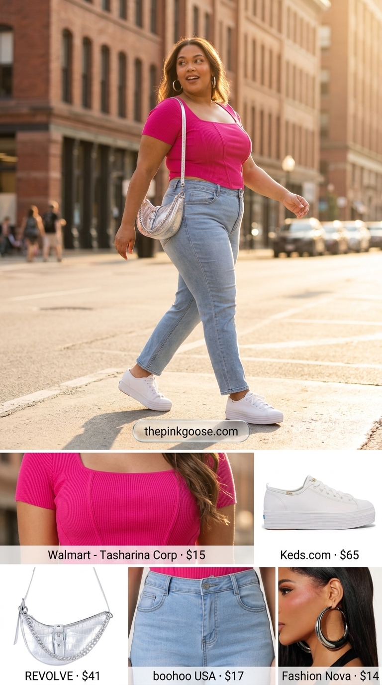 Hourglass curvy outfit summer 2026: Fuchsia mini skirt set with white sneakers and silver accessories.
