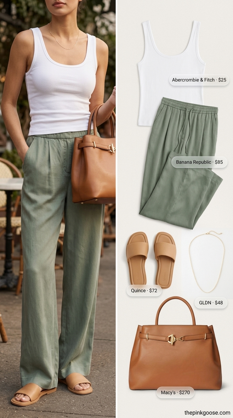 Hourglass curvy outfit summer 2026: Sage green wide-leg pants with white tank and tan sandals for a sophisticated evening.