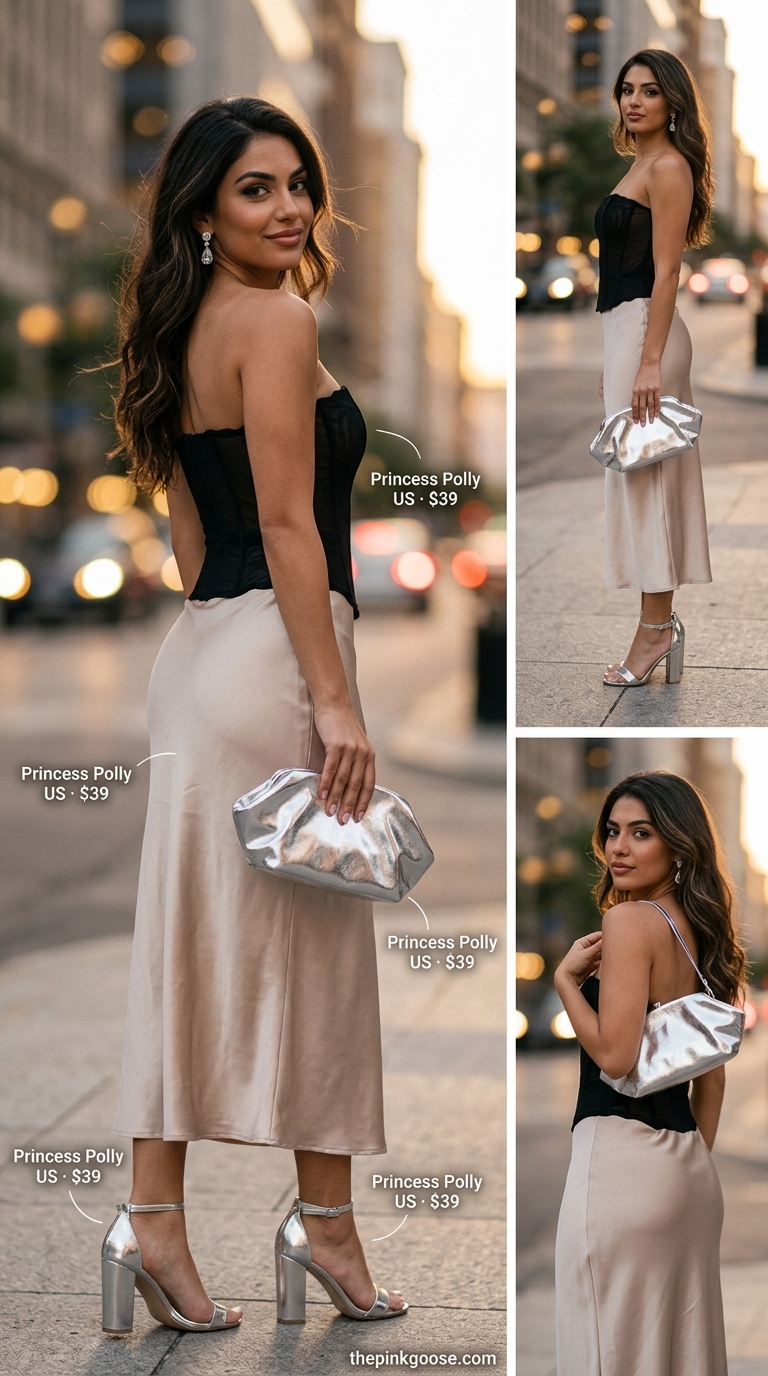 Hourglass curvy outfit summer 2026: Champagne satin skirt, black corset top, silver heels. Sophisticated evening look.