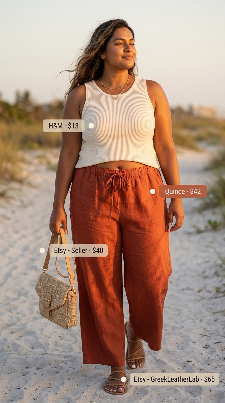 Hourglass curvy outfit summer 2026: Terracotta linen pants with cream knit top and gold jewelry.
