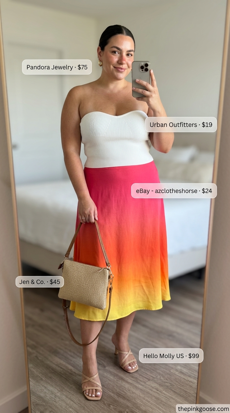 Hourglass curvy outfit summer 2026: Sunset gradient midi skirt with white crop top and straw bag.