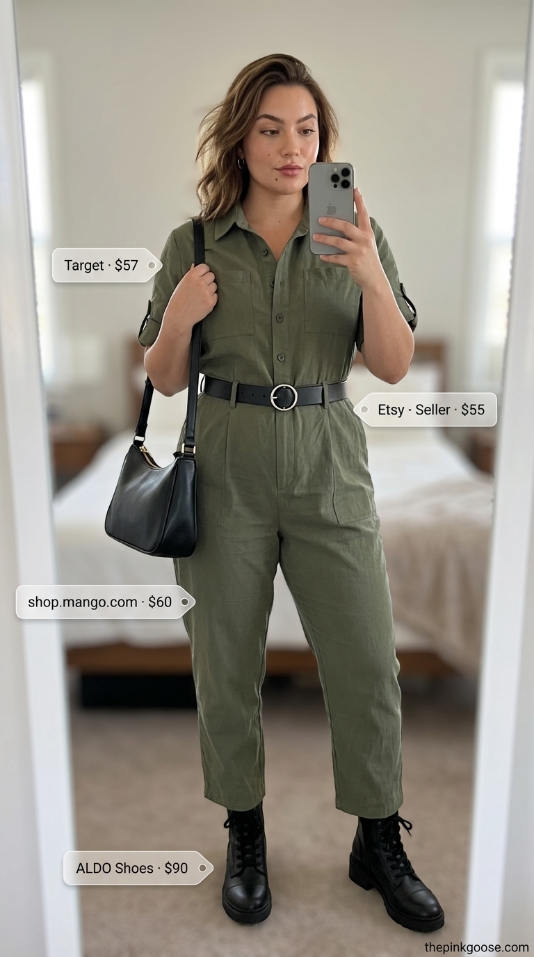 Hourglass curvy outfit summer 2026: Olive green utility jumpsuit with black belt and combat boots for a casual day out.