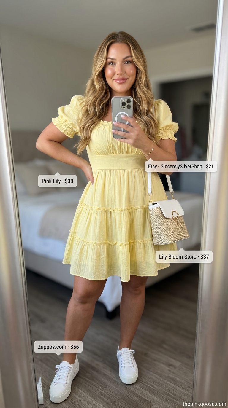 Hourglass curvy outfit summer 2026: Lemon yellow babydoll dress, white sneakers, straw crossbody. Playful day out.
