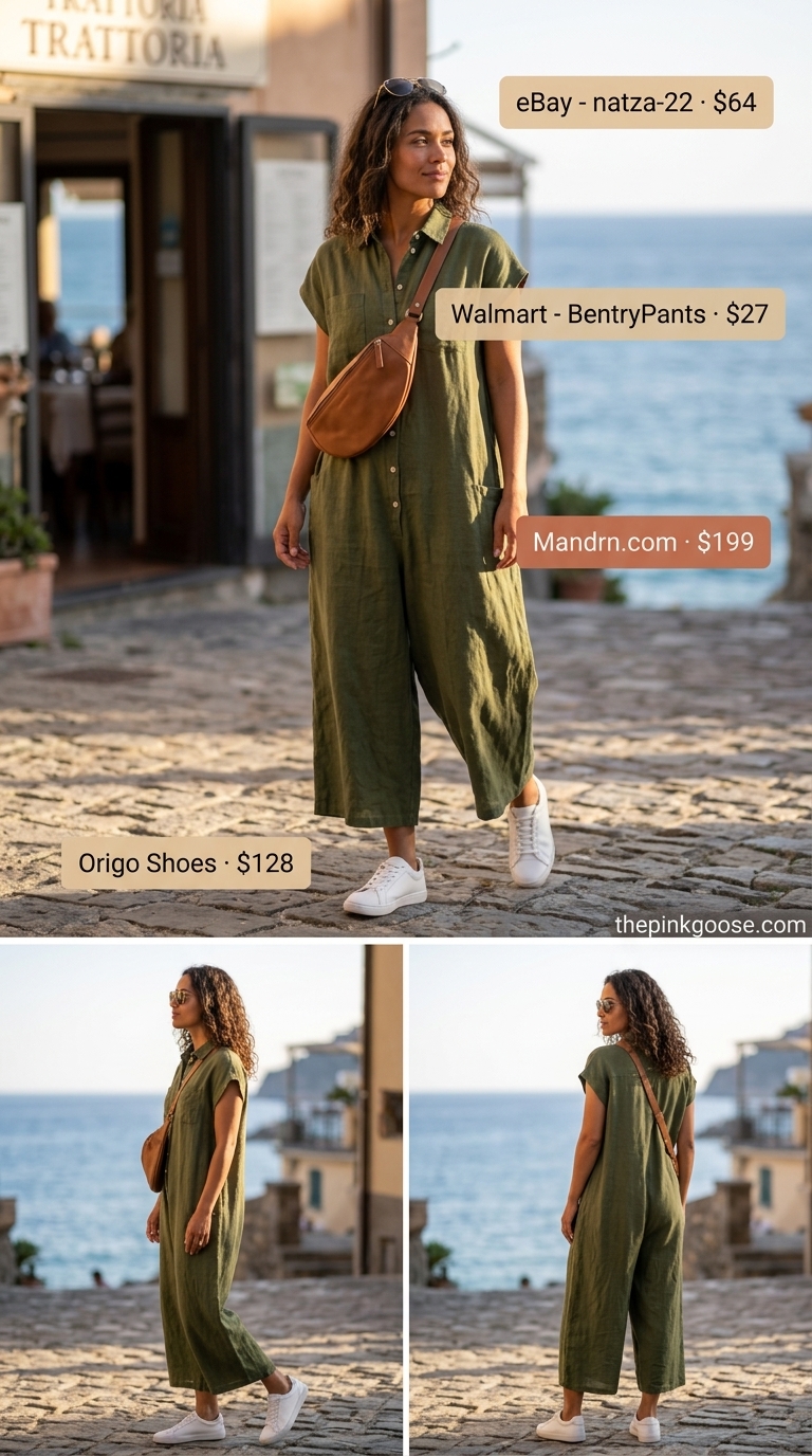 Italian Riviera summer outfits for women 2026: Olive green linen jumpsuit, white sneakers, aviator sunglasses for chic travel.