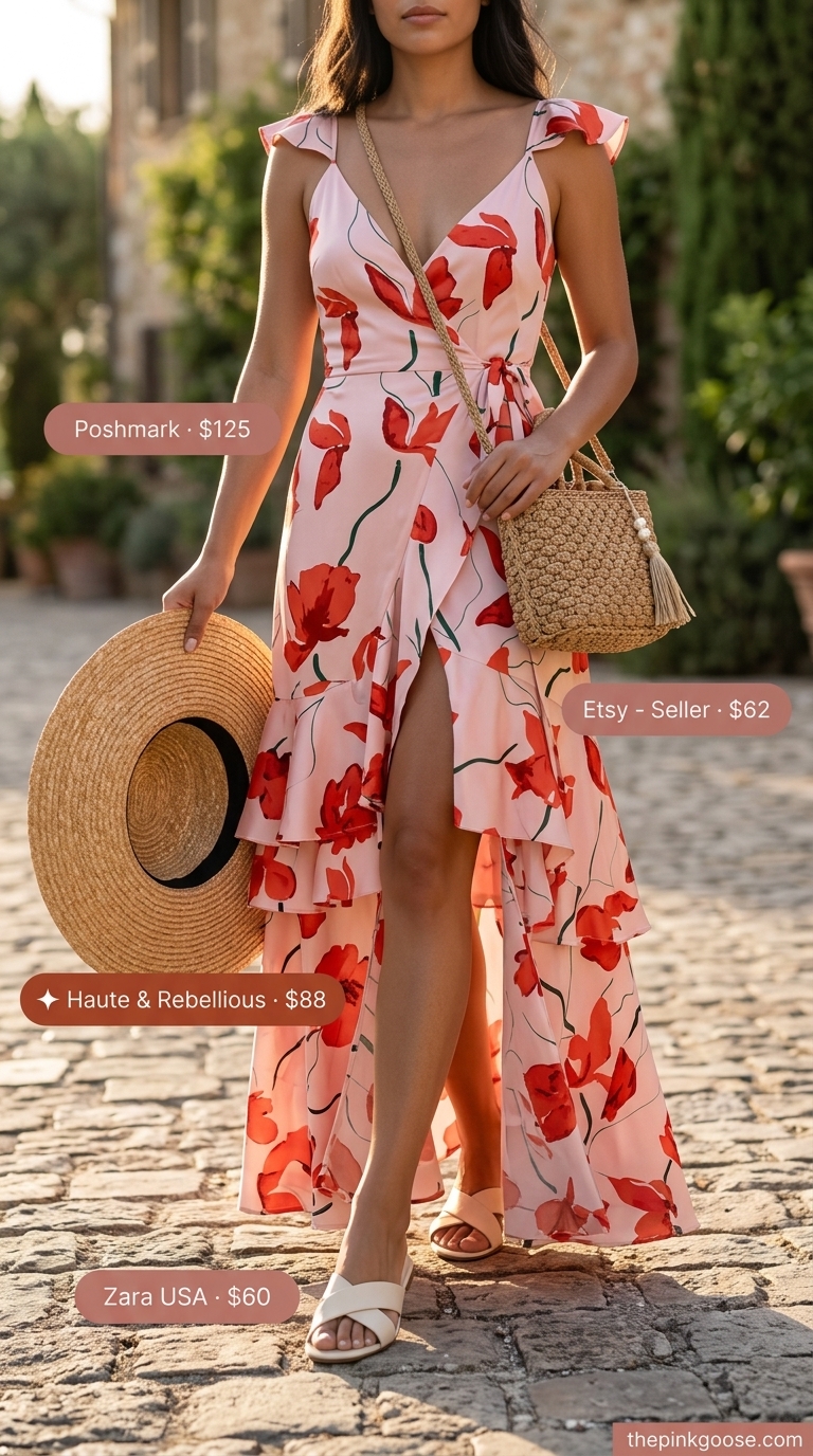 Italian Riviera summer outfits for women 2026: Red floral maxi dress with straw hat, sandals, and gold earrings for summer soiree.