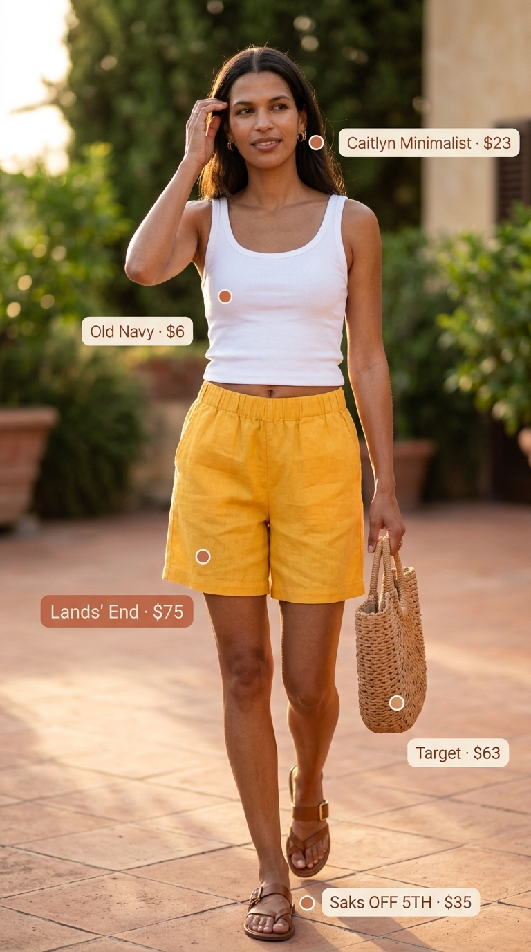 Italian Riviera summer outfits for women 2026: Lemon yellow linen shorts set with white tank, straw tote, and flat sandals.