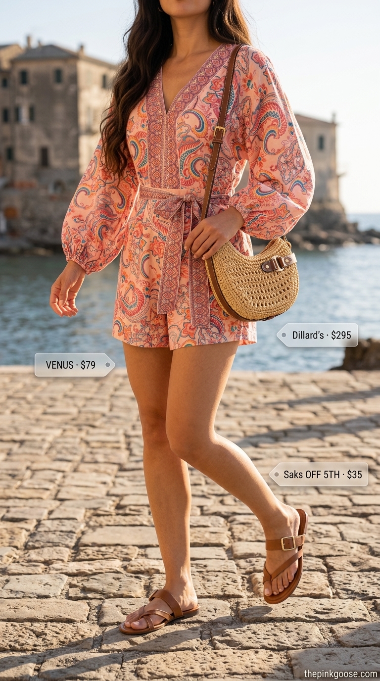 Italian Riviera summer outfits for women 2026: Coral linen romper with gold necklaces, straw bag, and flat sandals.