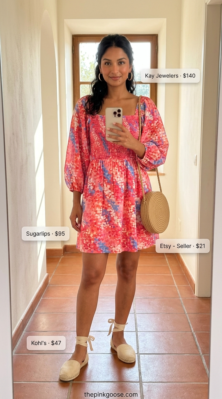 Italian Riviera summer outfits for women 2026: Printed mini dress, straw bag, espadrilles for playful daytime sightseeing.