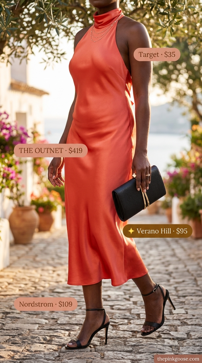 Italian Riviera summer outfits for women 2026: Coral satin slip dress, gold jewelry, and black heels for evening elegance.