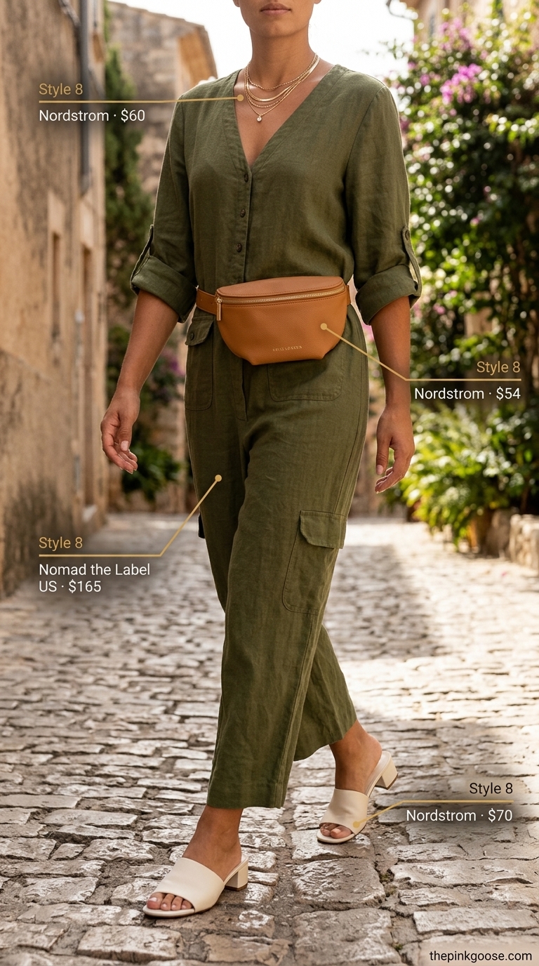 Italian Riviera summer outfits for women 2026: Olive green utility jumpsuit, cream slides, gold necklaces for travel day.