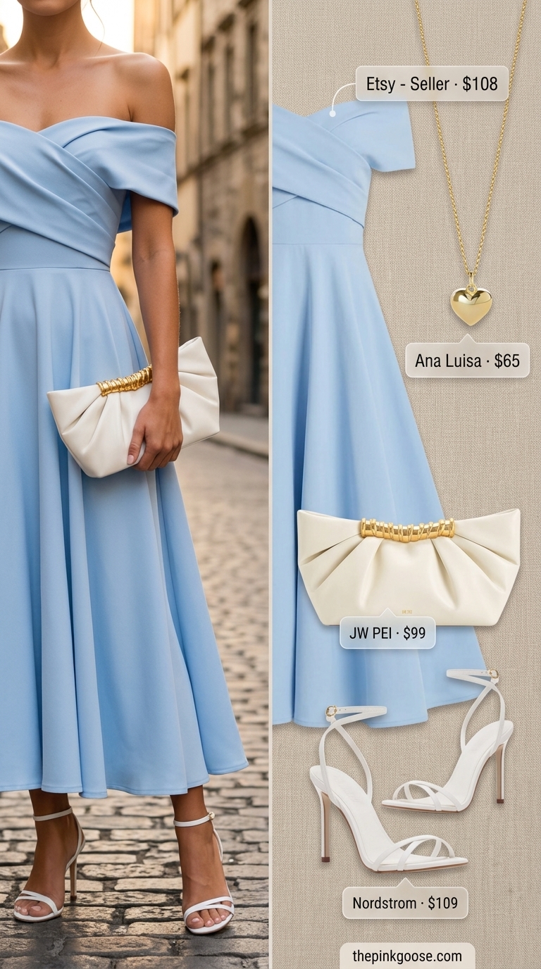 Italian Riviera summer outfits for women 2026: Soft blue Bardot dress, gold earrings & necklace, white sandals for a romantic dinner.