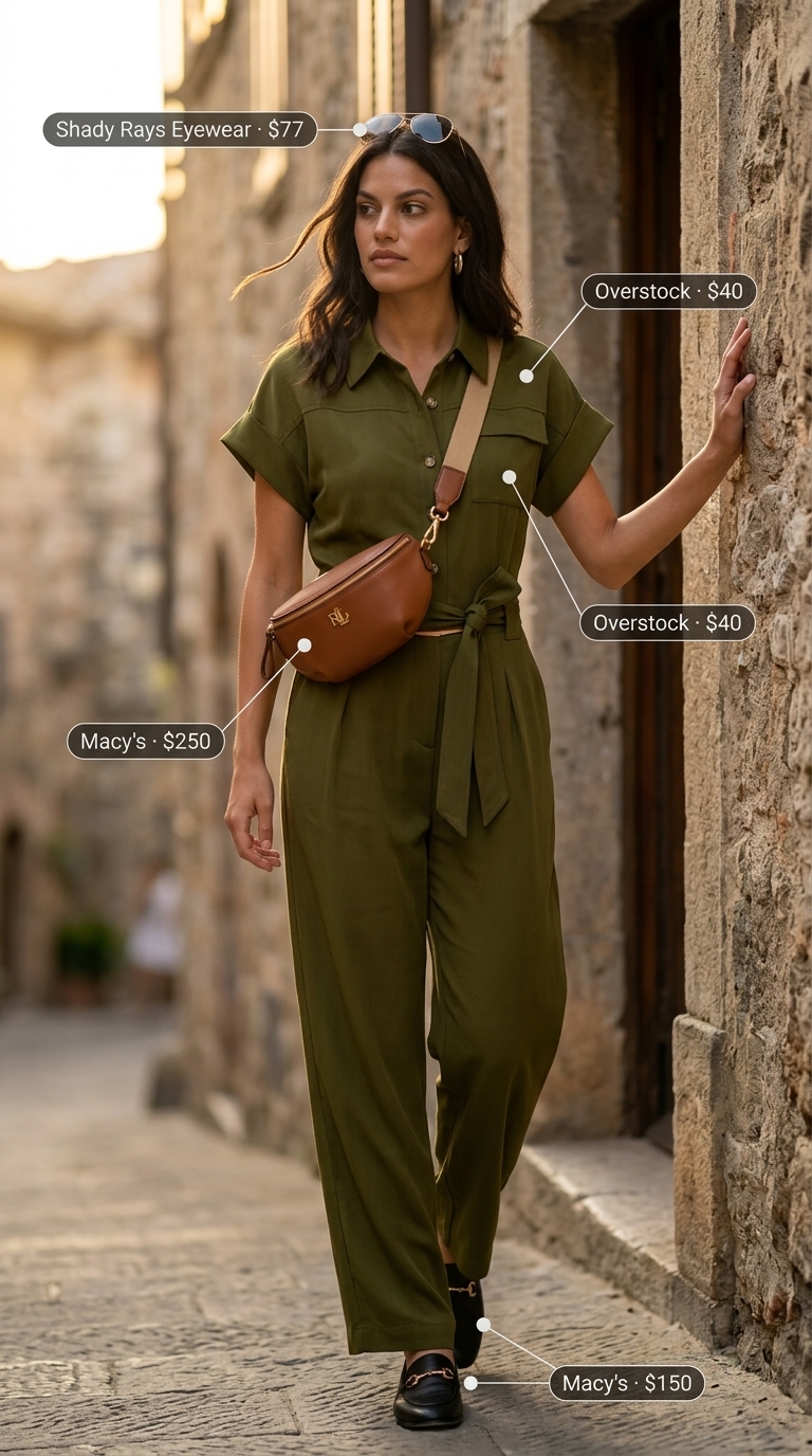 Italian Riviera summer outfits for women 2026: Olive green utility jumpsuit, aviators, leather belt bag for travel day.