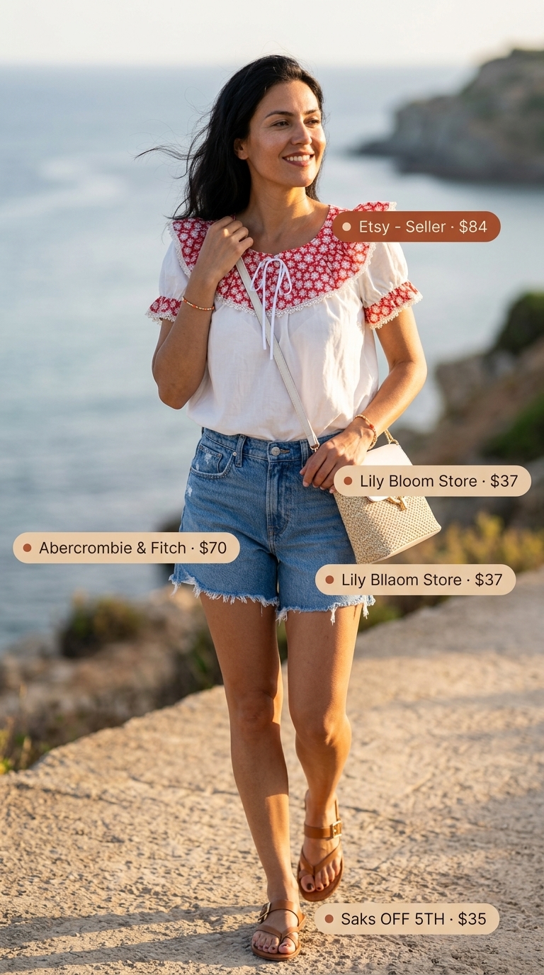 Italian Riviera summer outfits for women 2026: Denim shorts, coral print blouse, straw bag for casual beach town stroll.