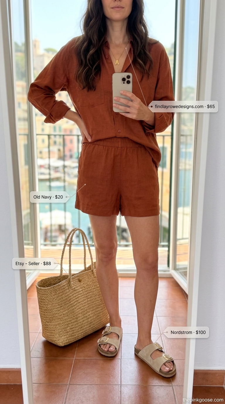 Italian Riviera summer outfits for women 2026: Terracotta linen set, straw tote, gold necklace for resort wear.