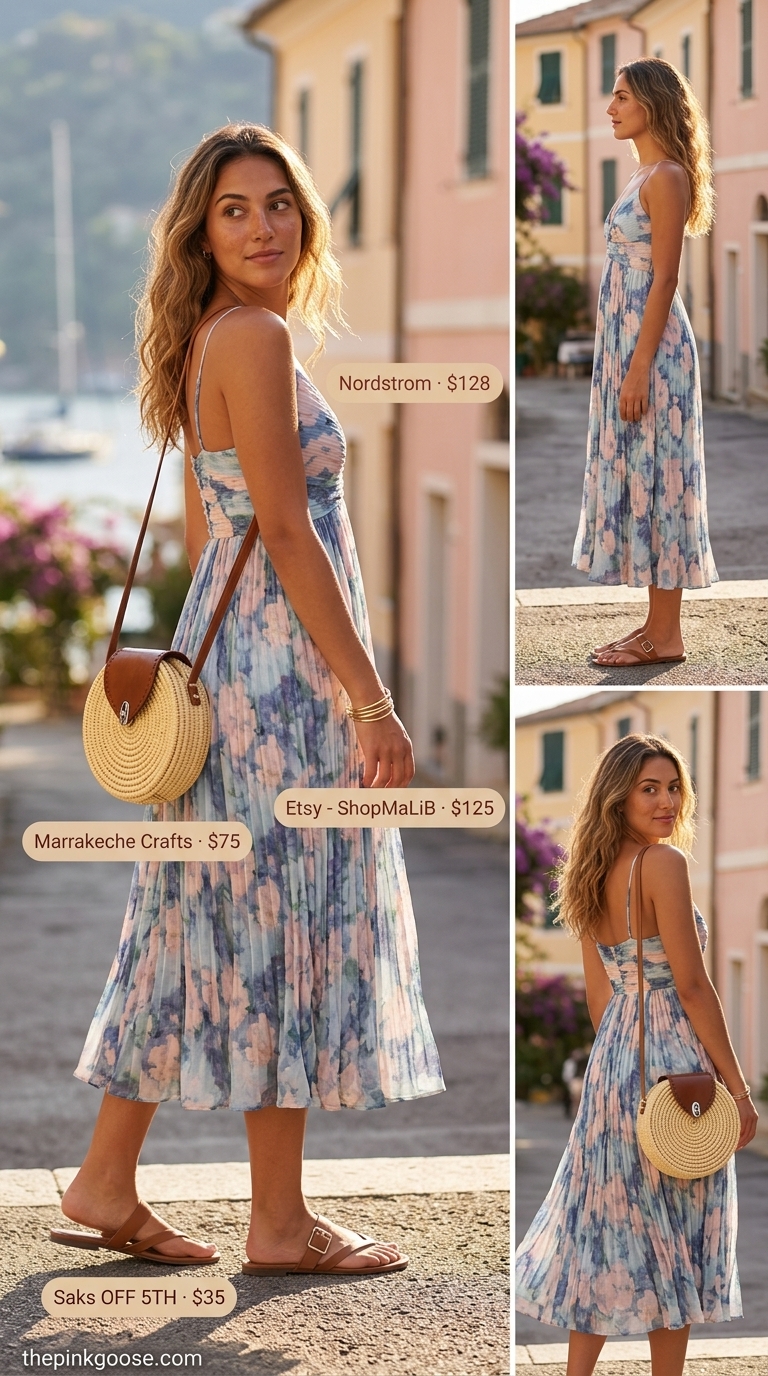 Italian Riviera summer outfits for women 2026: Blue floral midi dress, straw bag, leather sandals for daytime brunch.