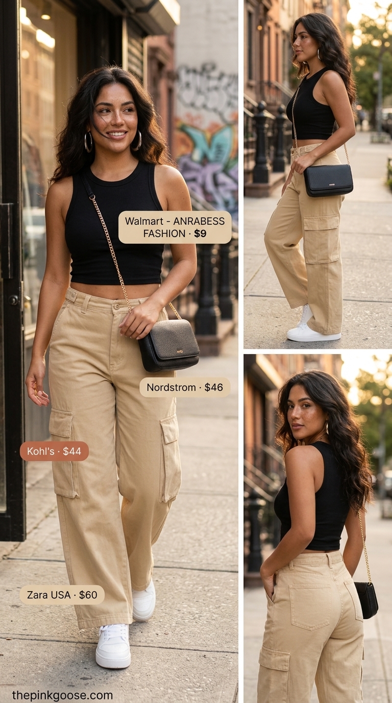 LA street style summer outfits for women 2026: Khaki cargo pants, black crop top, chunky sneakers, silver hoops, black bag.