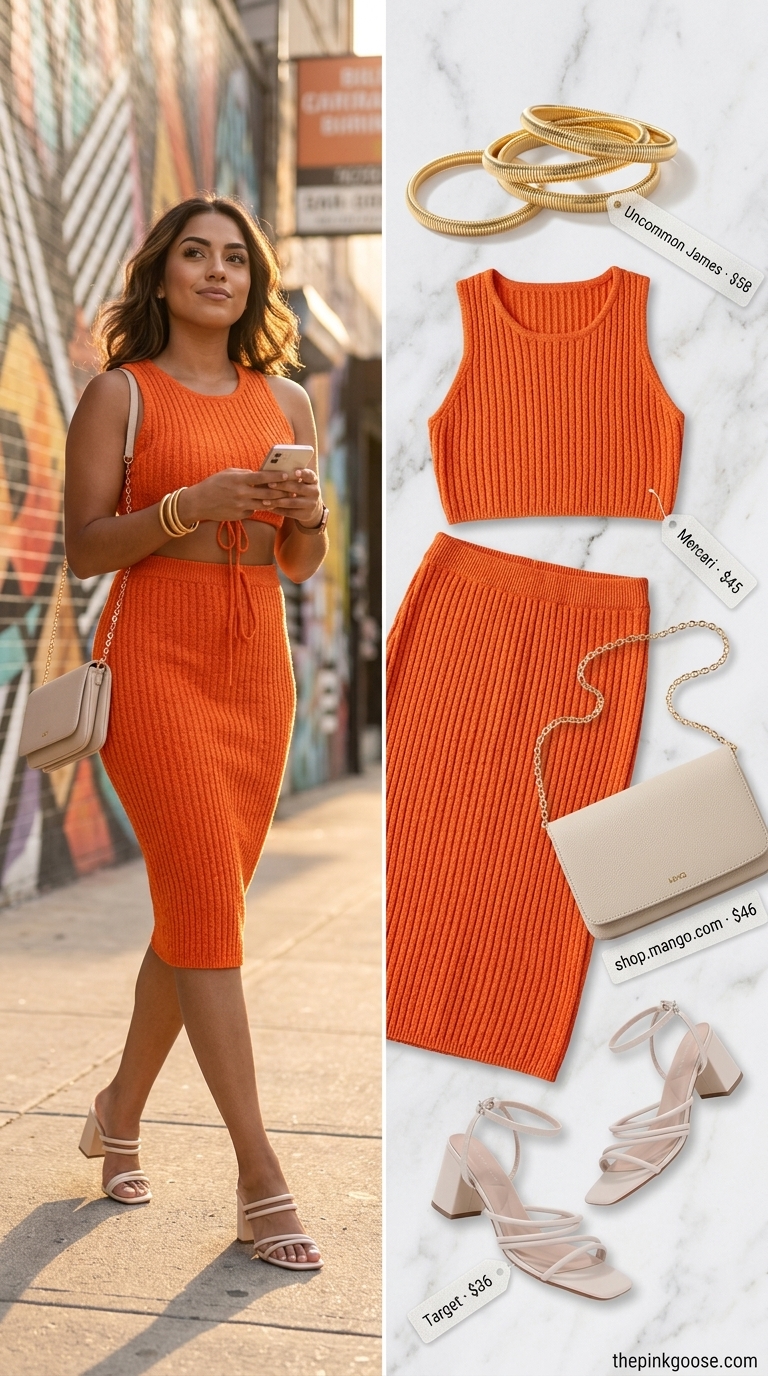 LA street style summer outfits for women 2026: Coral co-ord set, cream block heels, gold bracelet, and crossbody bag.