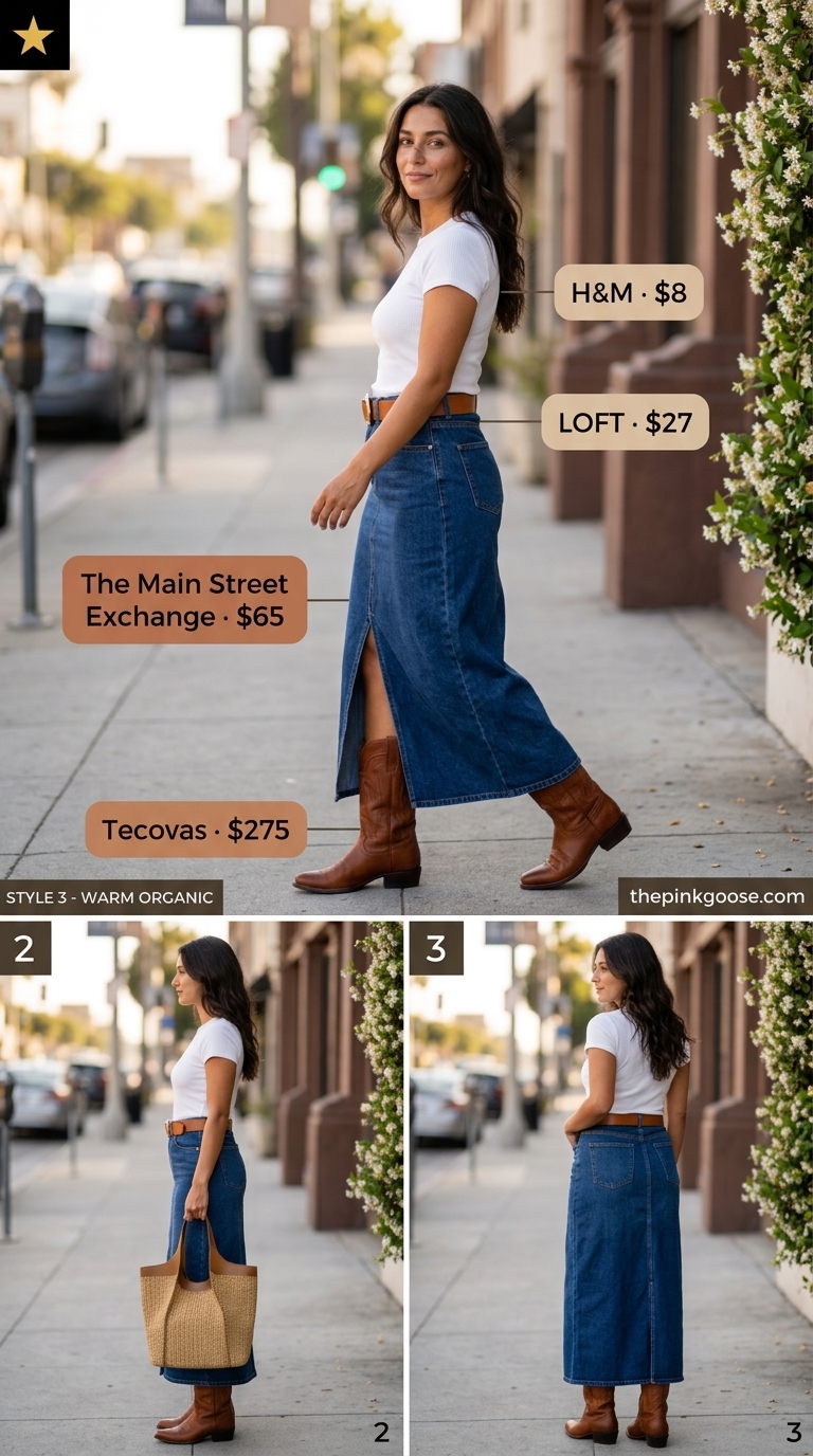 LA street style summer outfits for women 2026: Denim maxi skirt, white tee, cowboy boots, straw tote, leather belt.