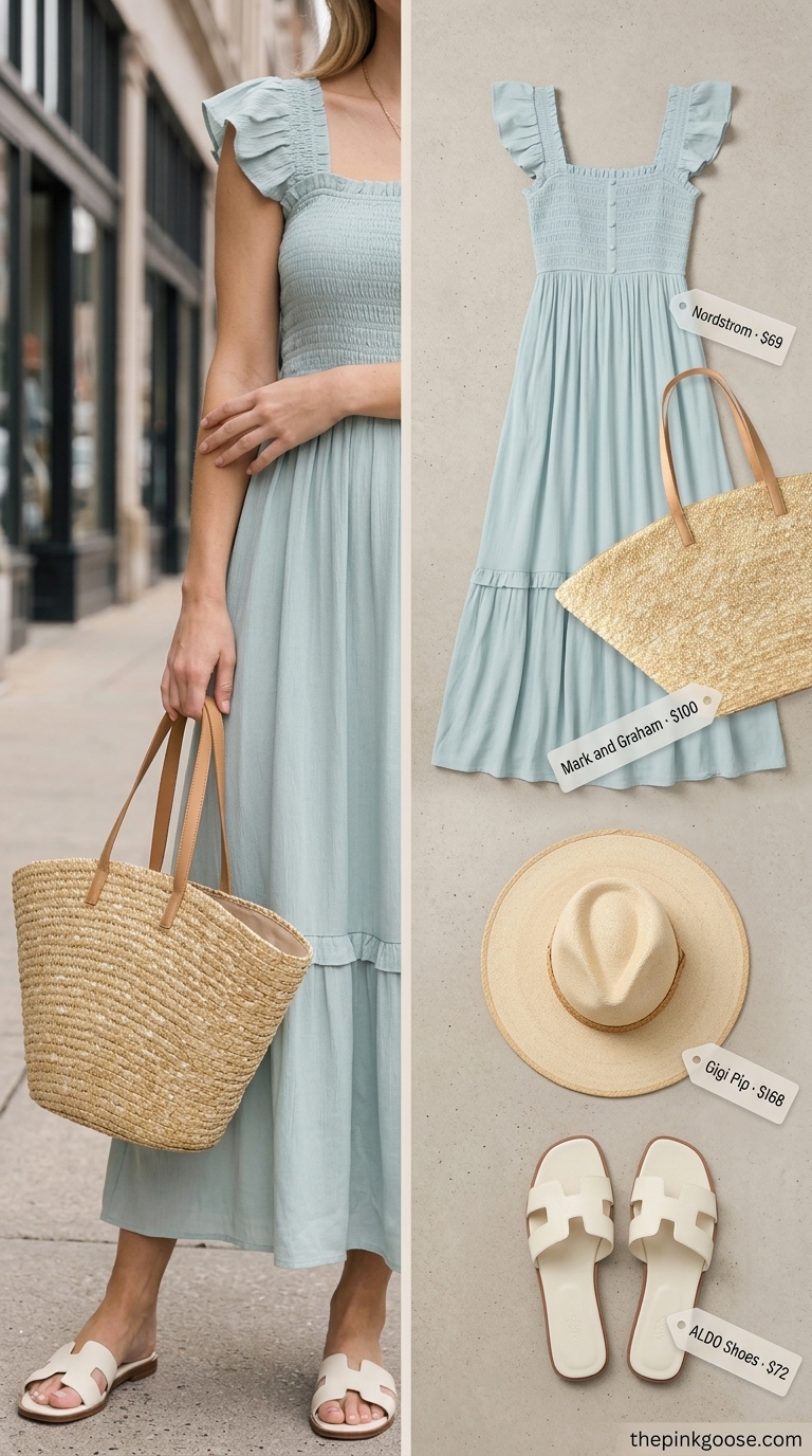 LA street style summer outfits for women 2026: Light blue maxi dress, straw hat, straw tote, and white leather slides.