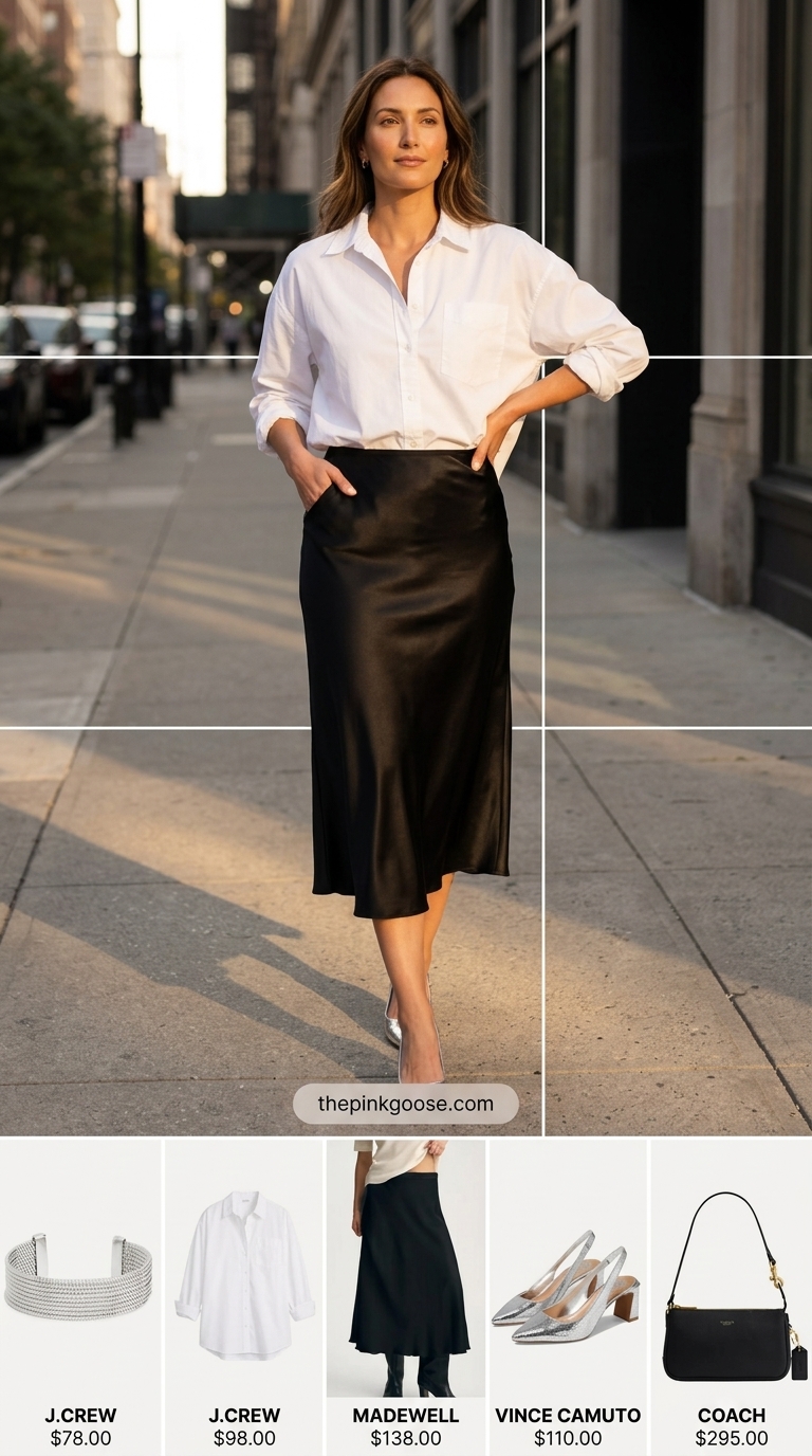 LA street style summer outfits for women 2026: Black satin midi skirt, oversized white shirt, silver heels, and leather bag.