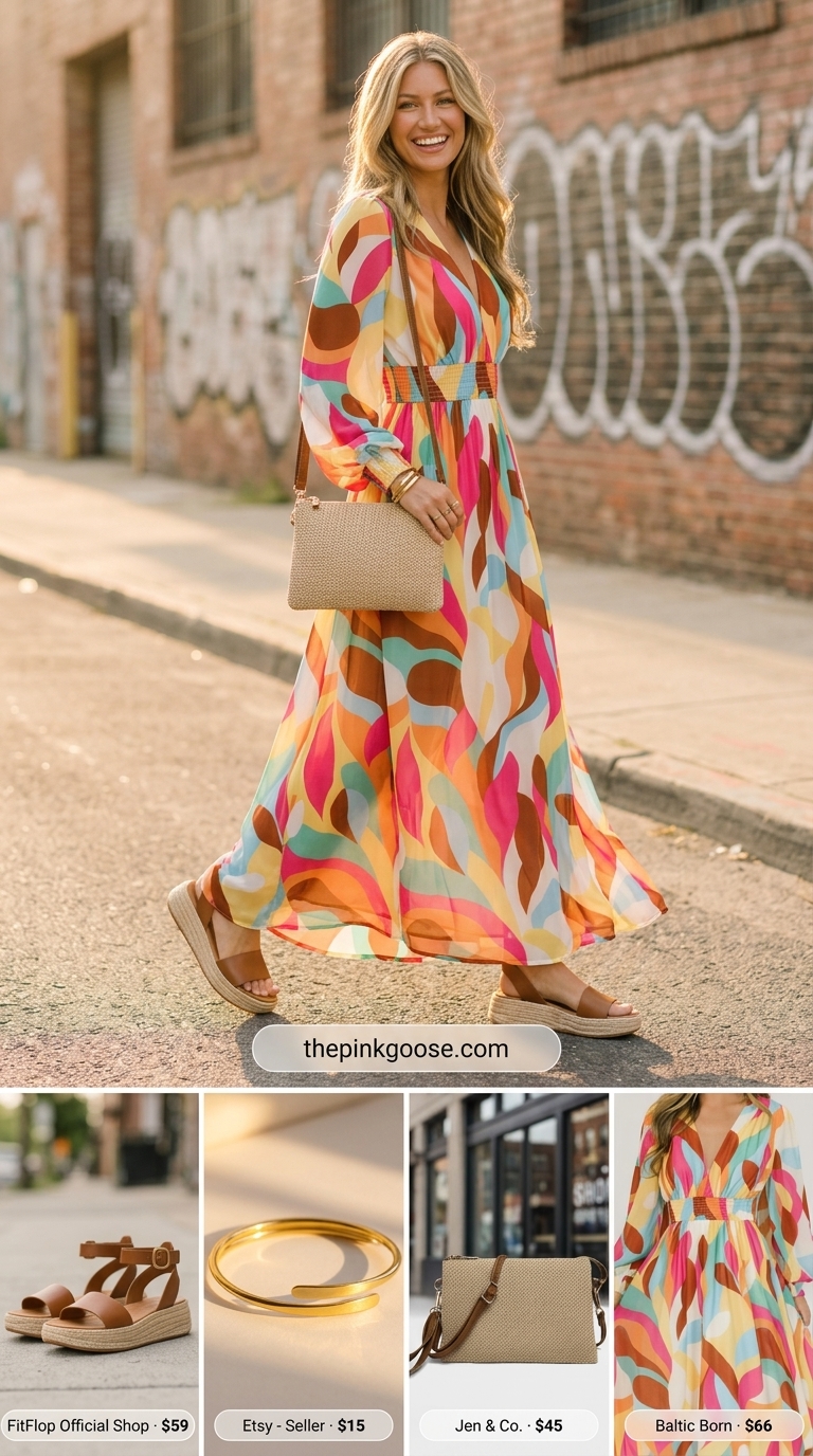 LA street style summer outfits for women 2026: Abstract print maxi dress, espadrilles, woven crossbody bag, gold bangles.