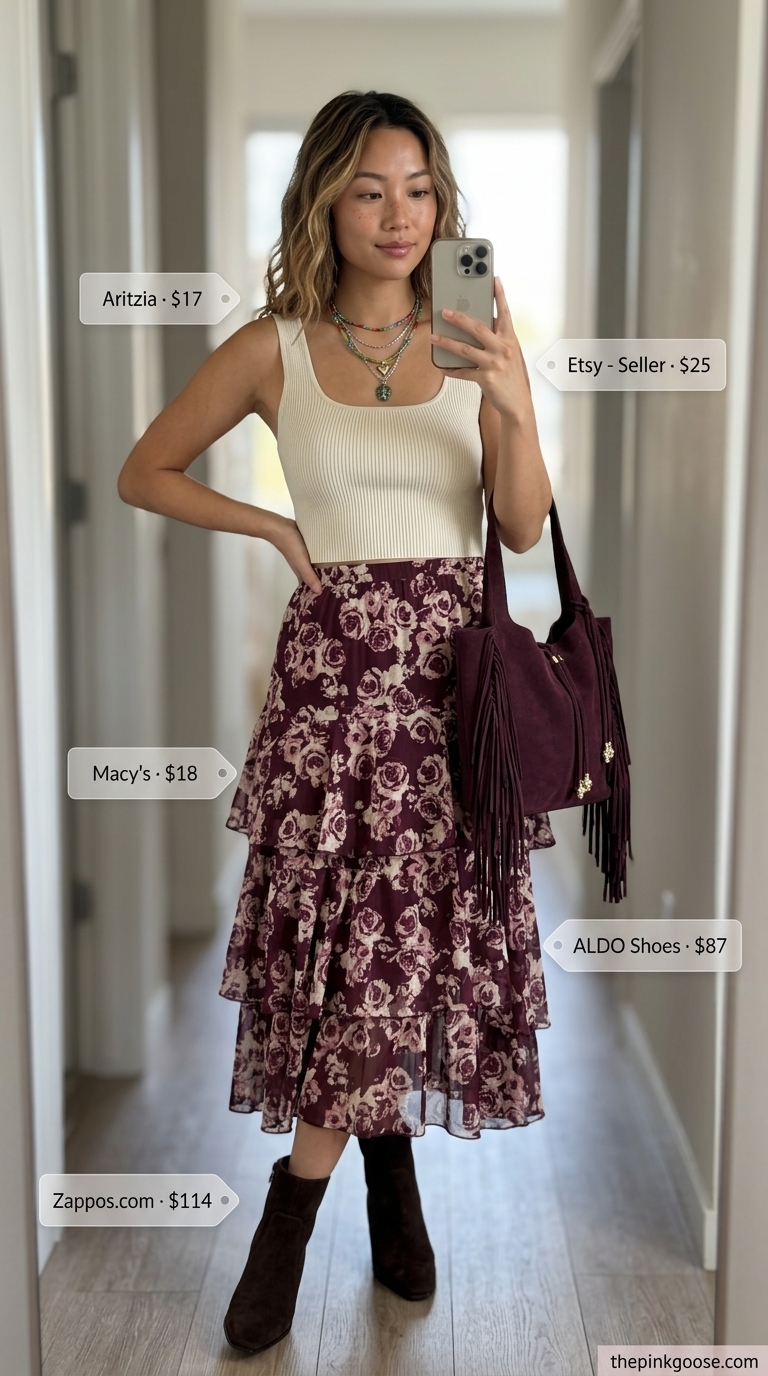 LA street style summer outfits for women 2026: Floral midi skirt, cream knit tank, suede boots, fringe bag.