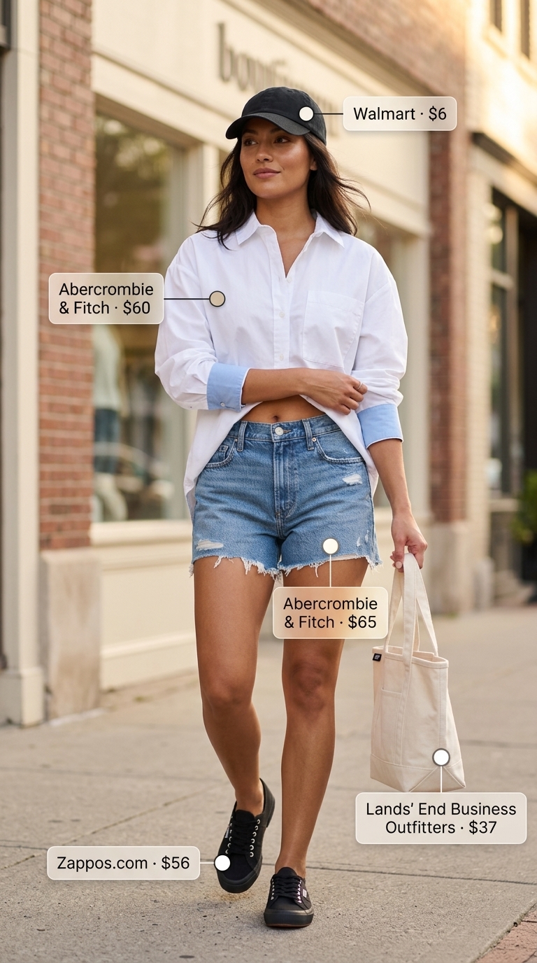 LA street style summer outfits for women 2026: Denim shorts, oversized white shirt, canvas sneakers, tote bag.