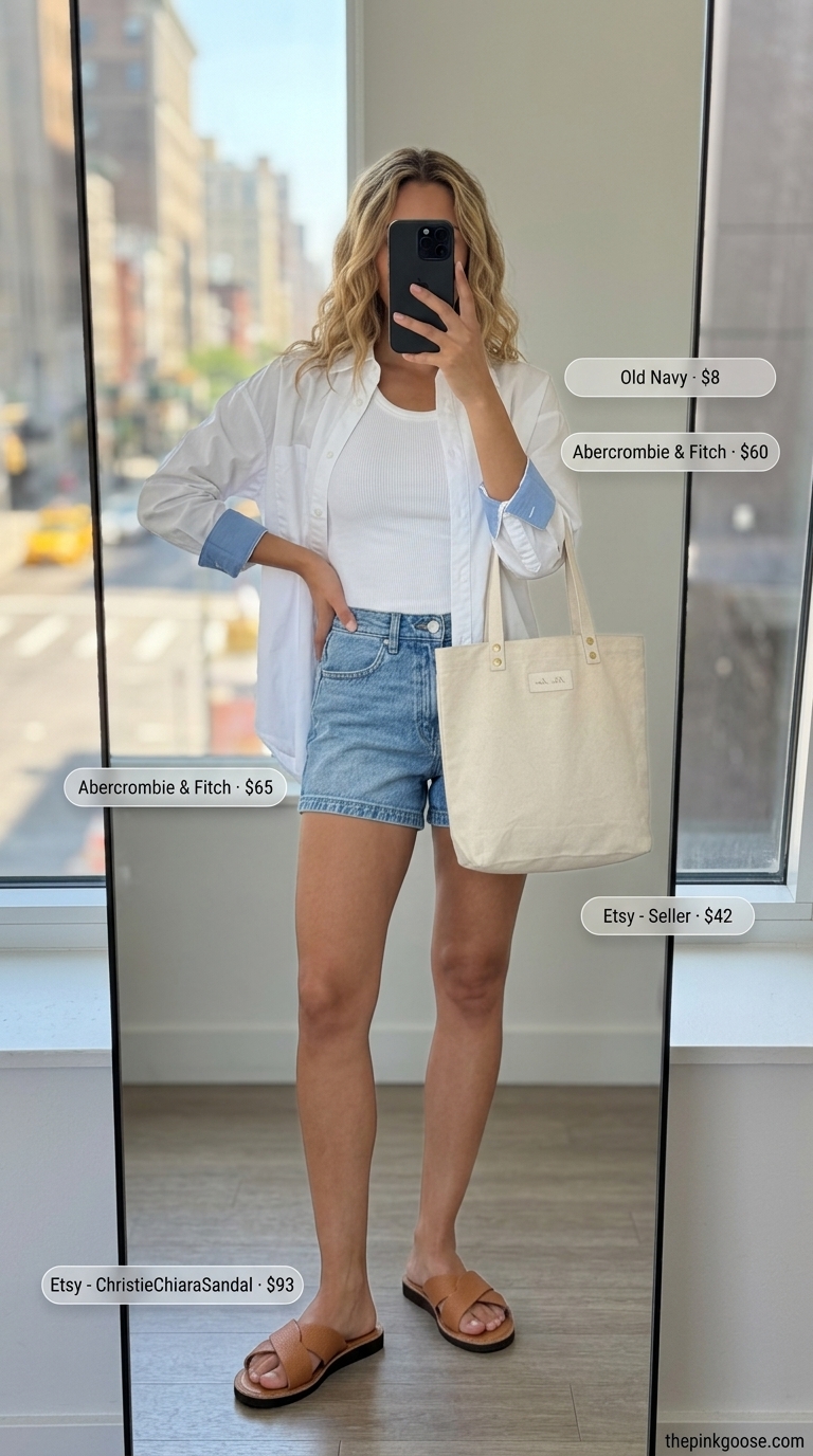 LA street style summer outfits for women 2026: Denim shorts with oversized white shirt, ribbed tank, and leather slides.