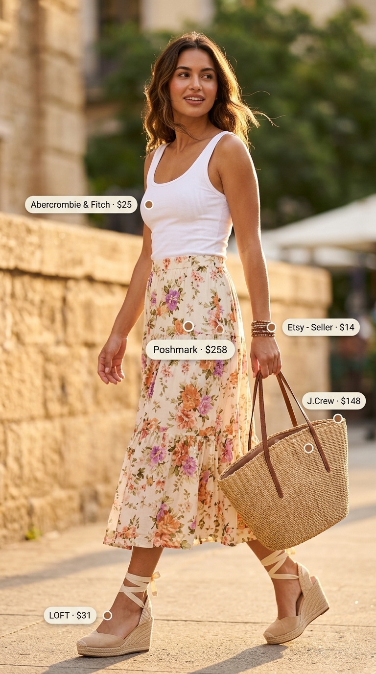 LA street style summer outfits for women 2026: Floral midi skirt with white tank, espadrilles, and straw tote.