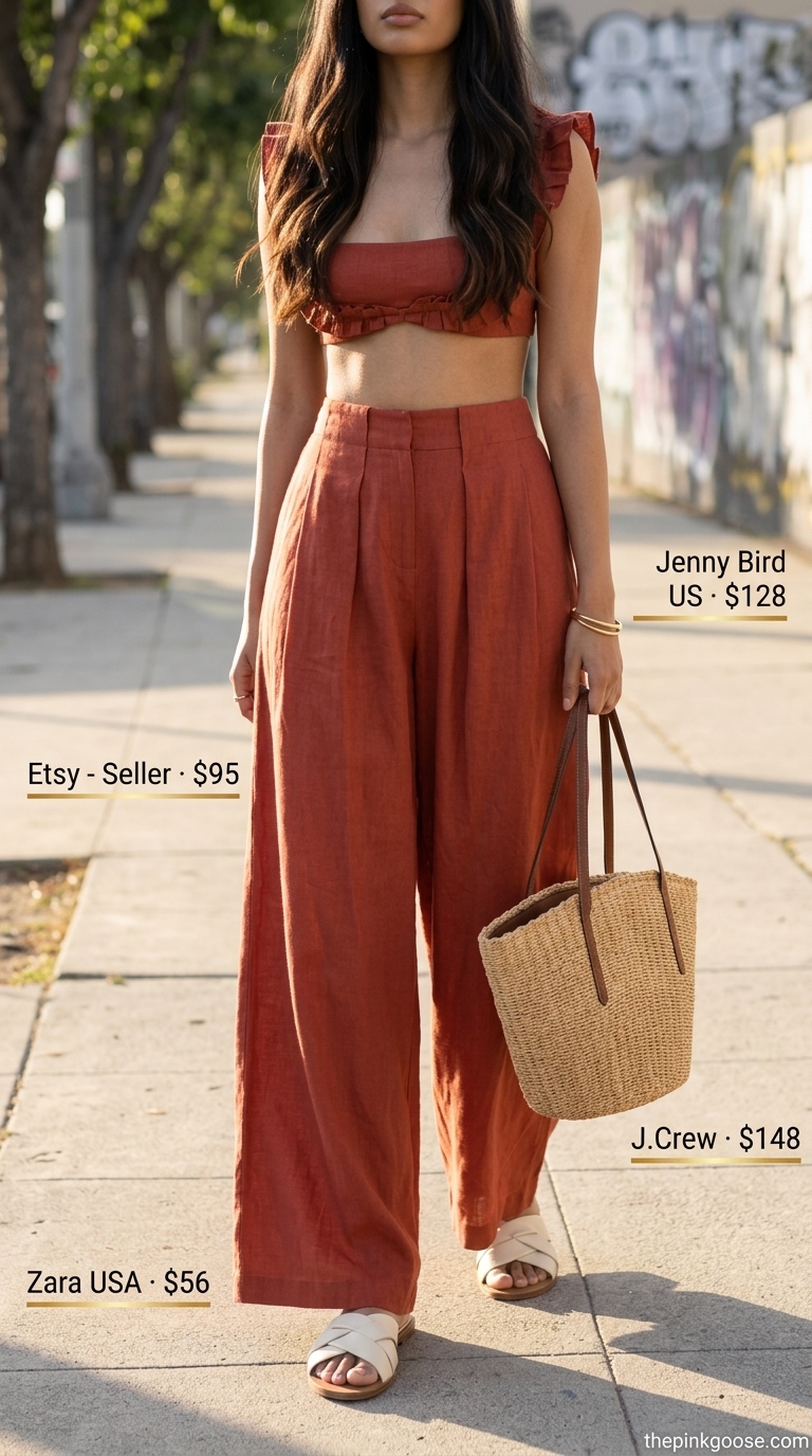 LA street style summer outfits for women 2026: Terracotta linen co-ord with straw tote and gold bangles for beach or brunch.