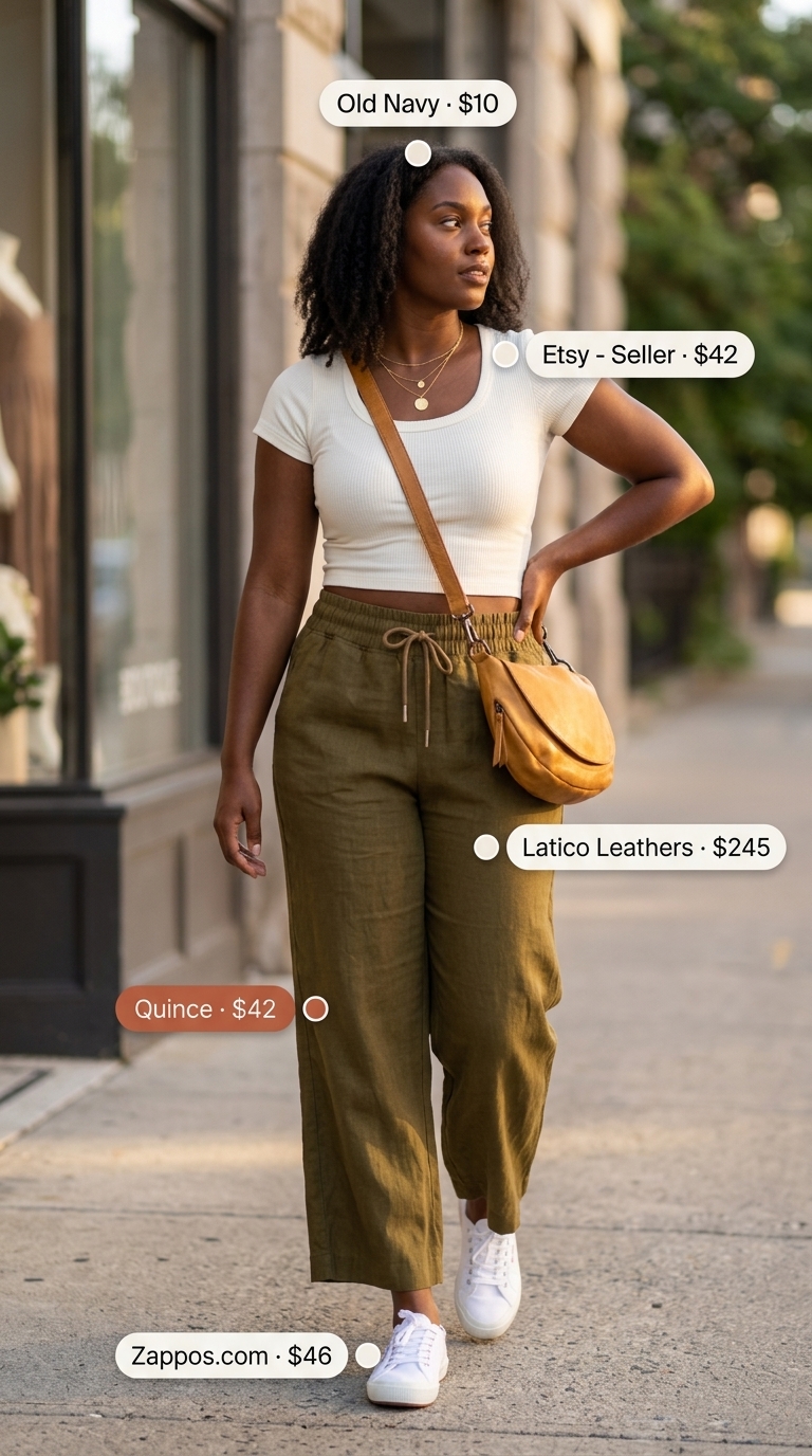 LA street style summer outfits for women 2026: Olive green linen pants with white crop top, crossbody bag, and sneakers.