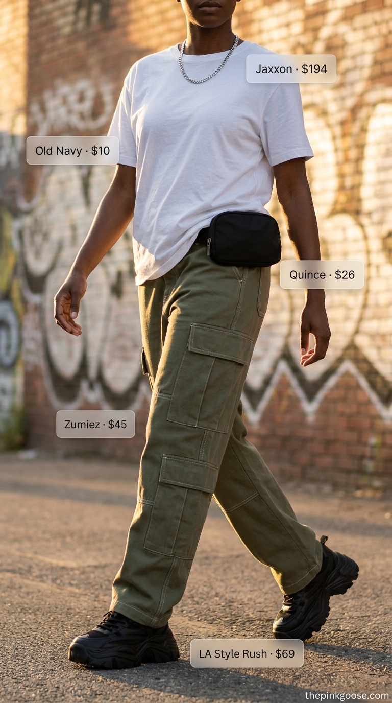 LA street style summer outfits for women 2026: Olive cargo pants, white tee, black belt bag, platform sneakers.