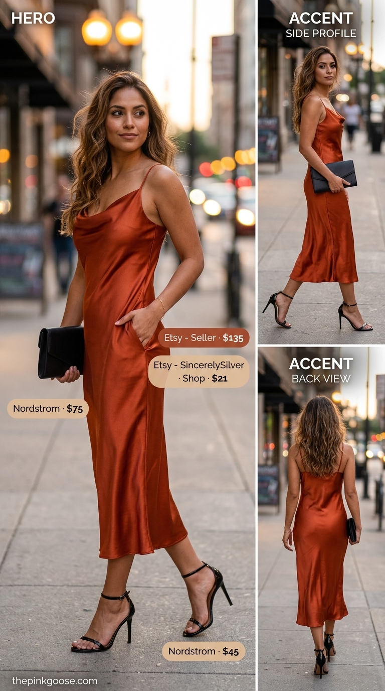 LA street style summer outfits for women 2026: Coral slip dress with black strappy heels, clutch, and gold bracelet.