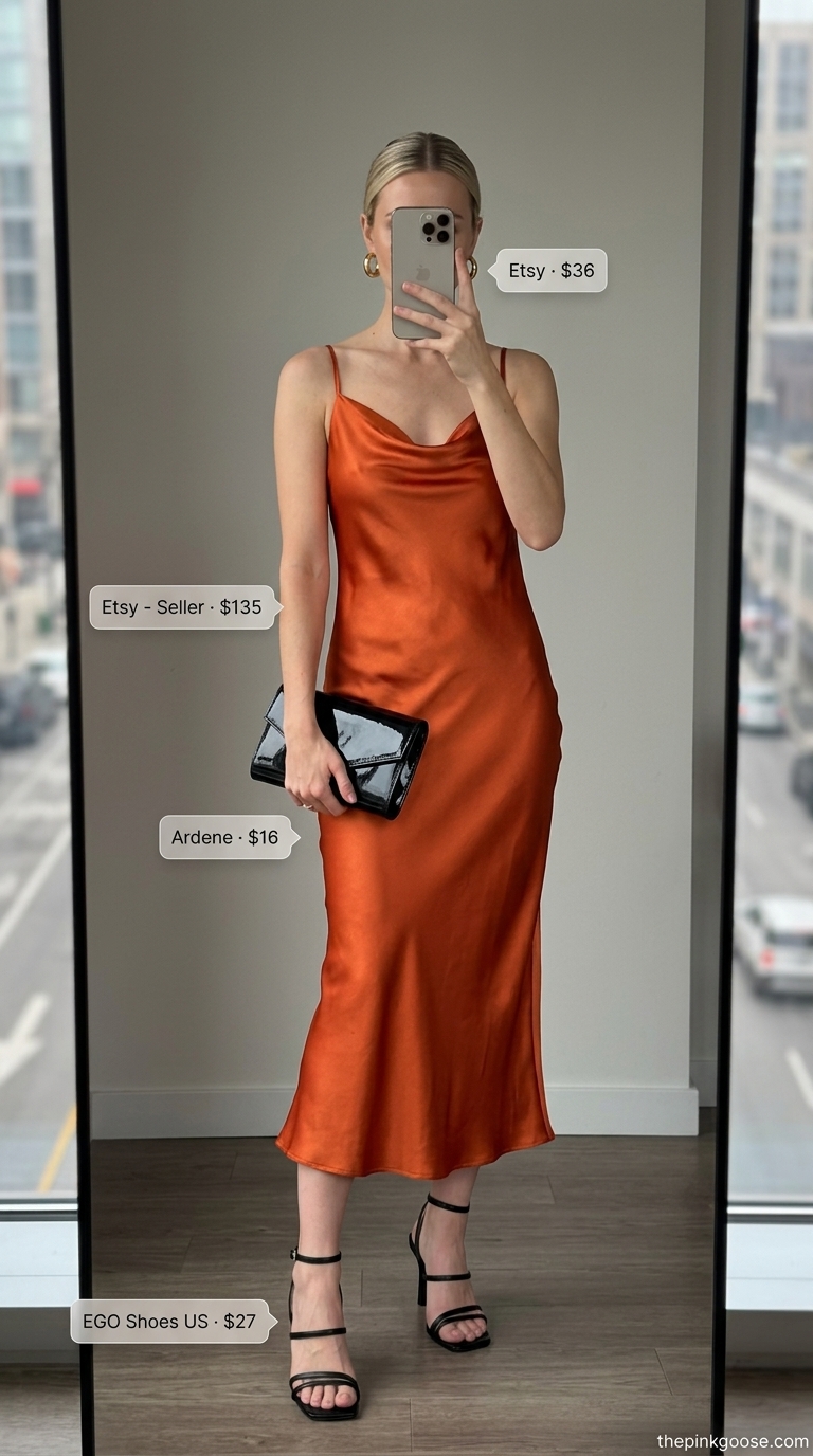 LA street style summer outfits for women 2026: Sunset orange slip dress, black heels, clutch, gold hoops.