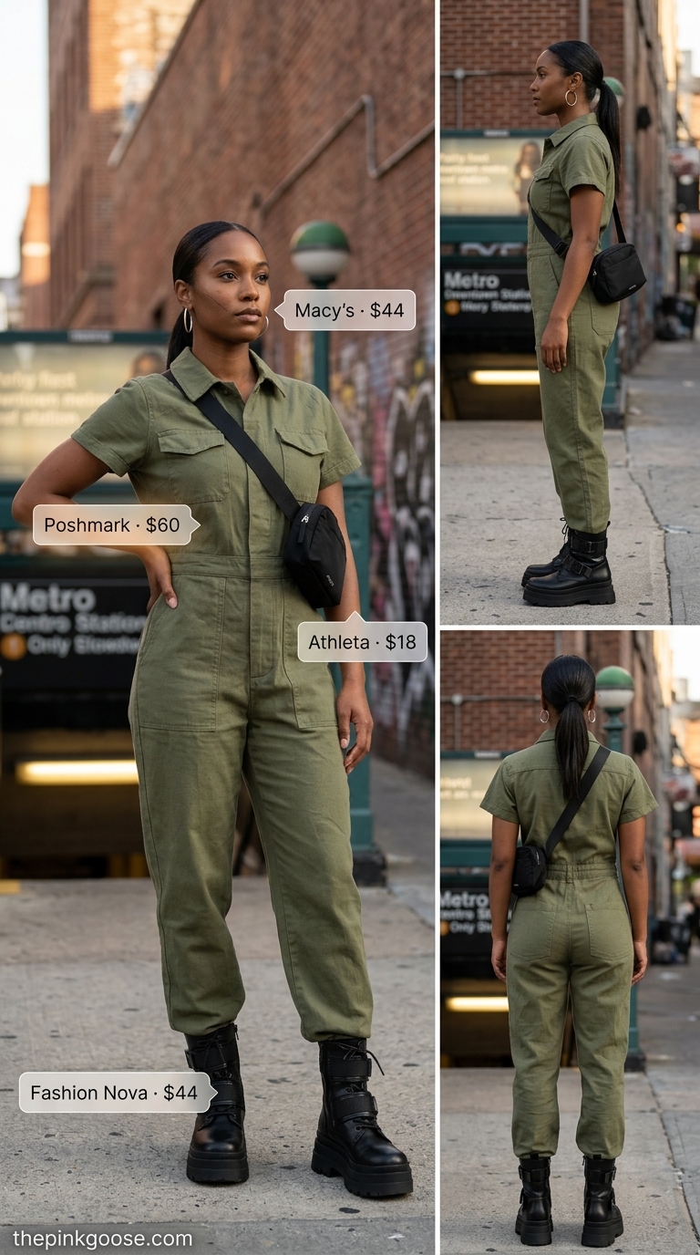 LA street style summer outfits for women 2026: Olive green utility jumpsuit with combat boots and belt bag for edgy style.