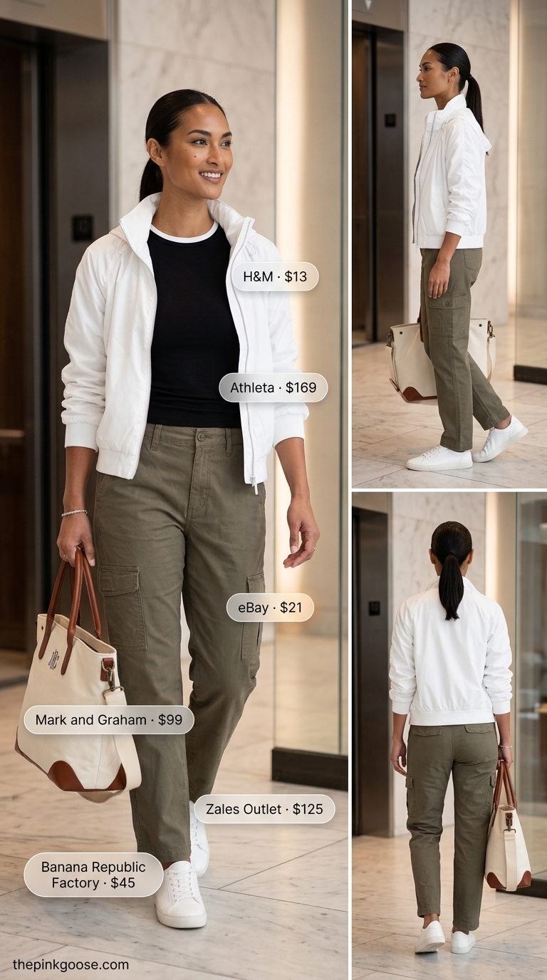 Light summer work outfits for women 2026: Beige cargo pants with white bomber jacket, black tee, and sneakers.