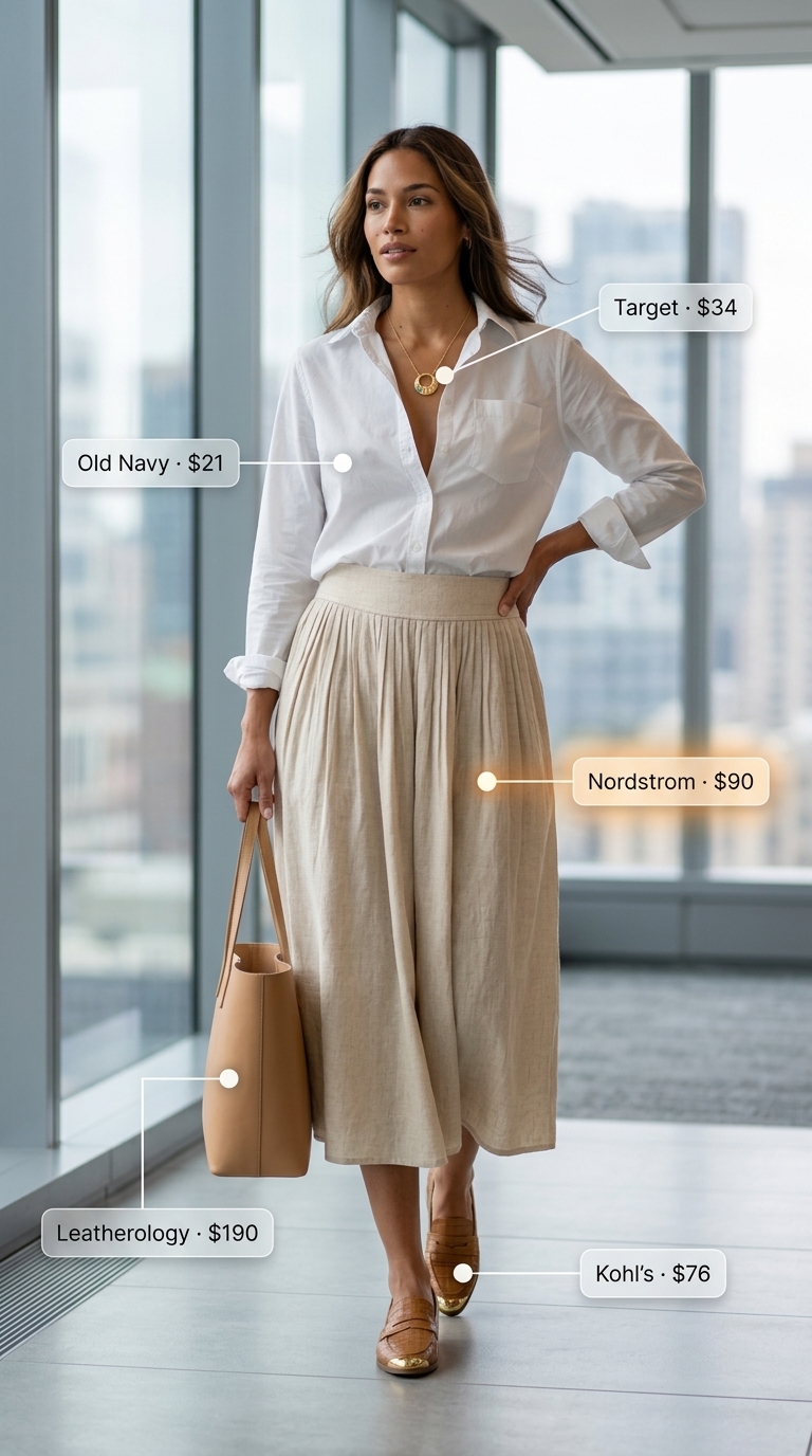 Light summer work outfits for women 2026: Beige linen skirt with white shirt, tan loafers, and leather tote.