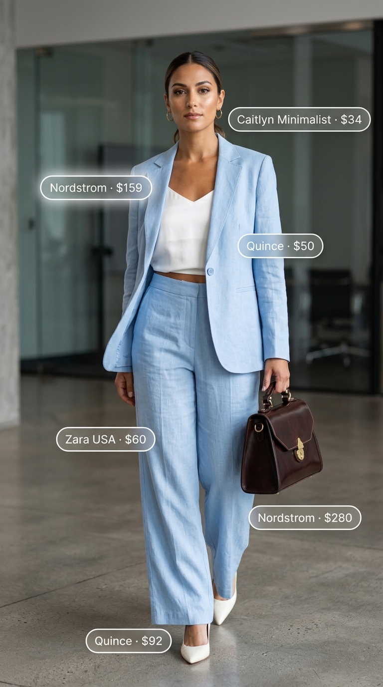 Light summer work outfits for women 2026: Pale blue linen suit, white camisole, and tan pumps for a professional meeting.