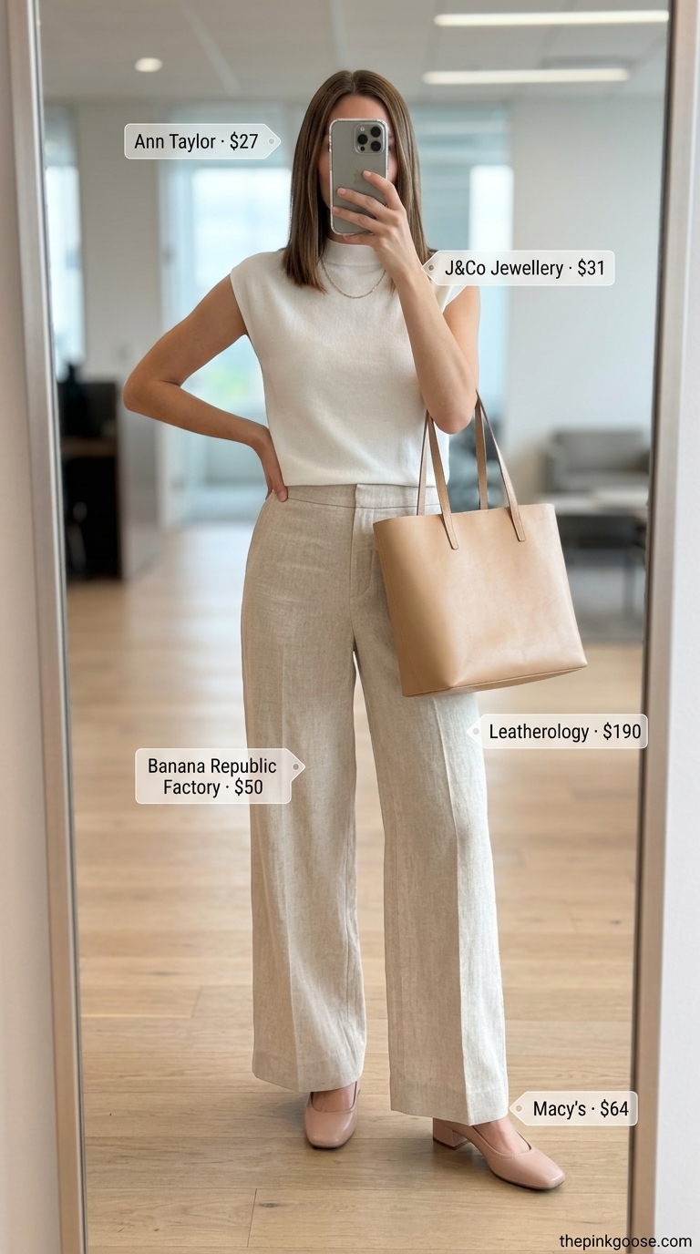Light summer work outfits for women 2026: Beige linen pants with white mock-neck blouse, mules, and tote.