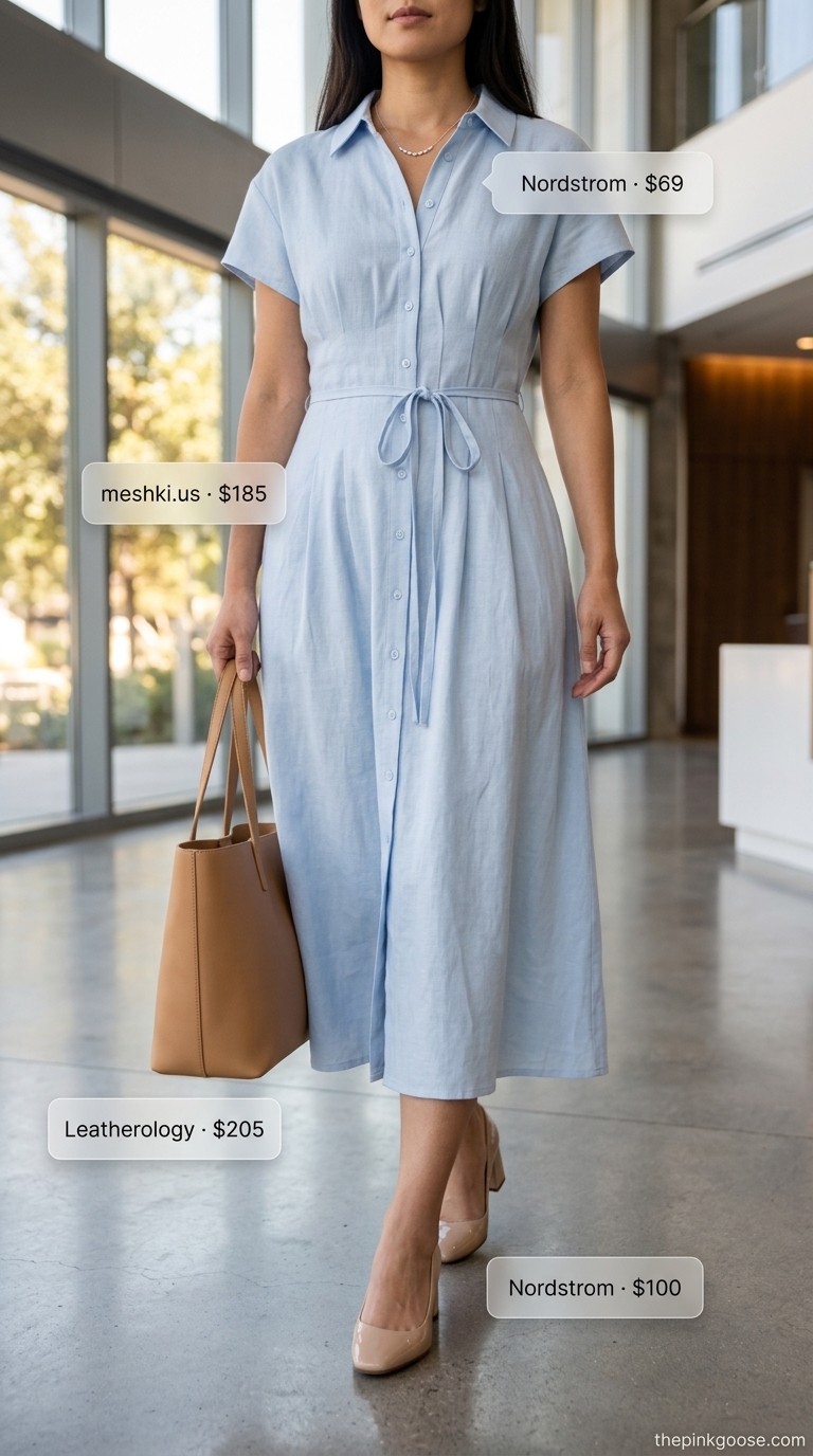 Light summer work outfits for women 2026: Soft blue midi dress, tan tote, and nude pumps for a polished summer office look.