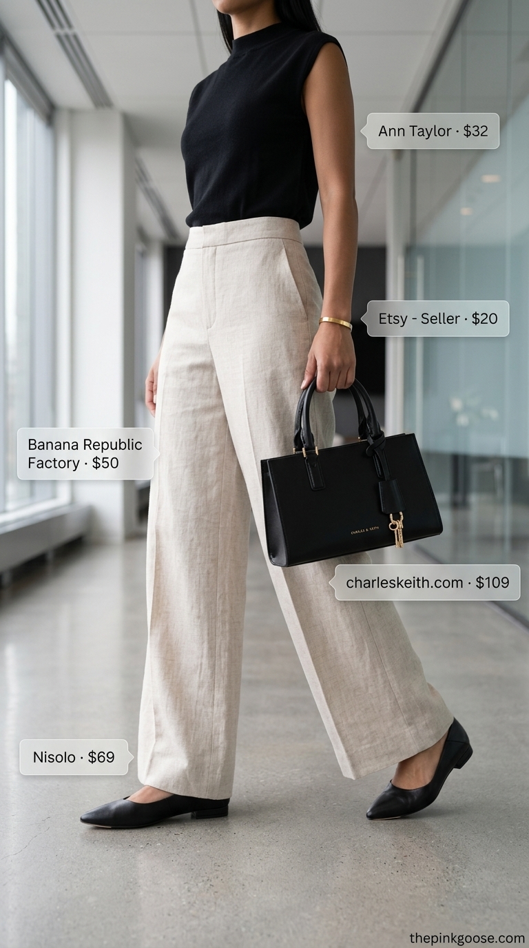 Light summer work outfits for women 2026: Cream wide-leg pants, black sleeveless top, and flats for a minimalist office look.
