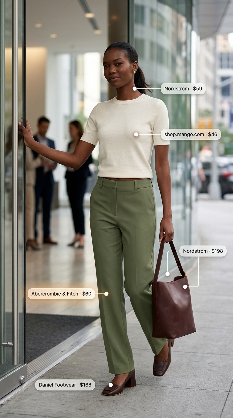 Light summer work outfits for women 2026: Olive green trousers with ivory knit top, brown pumps, and tote.