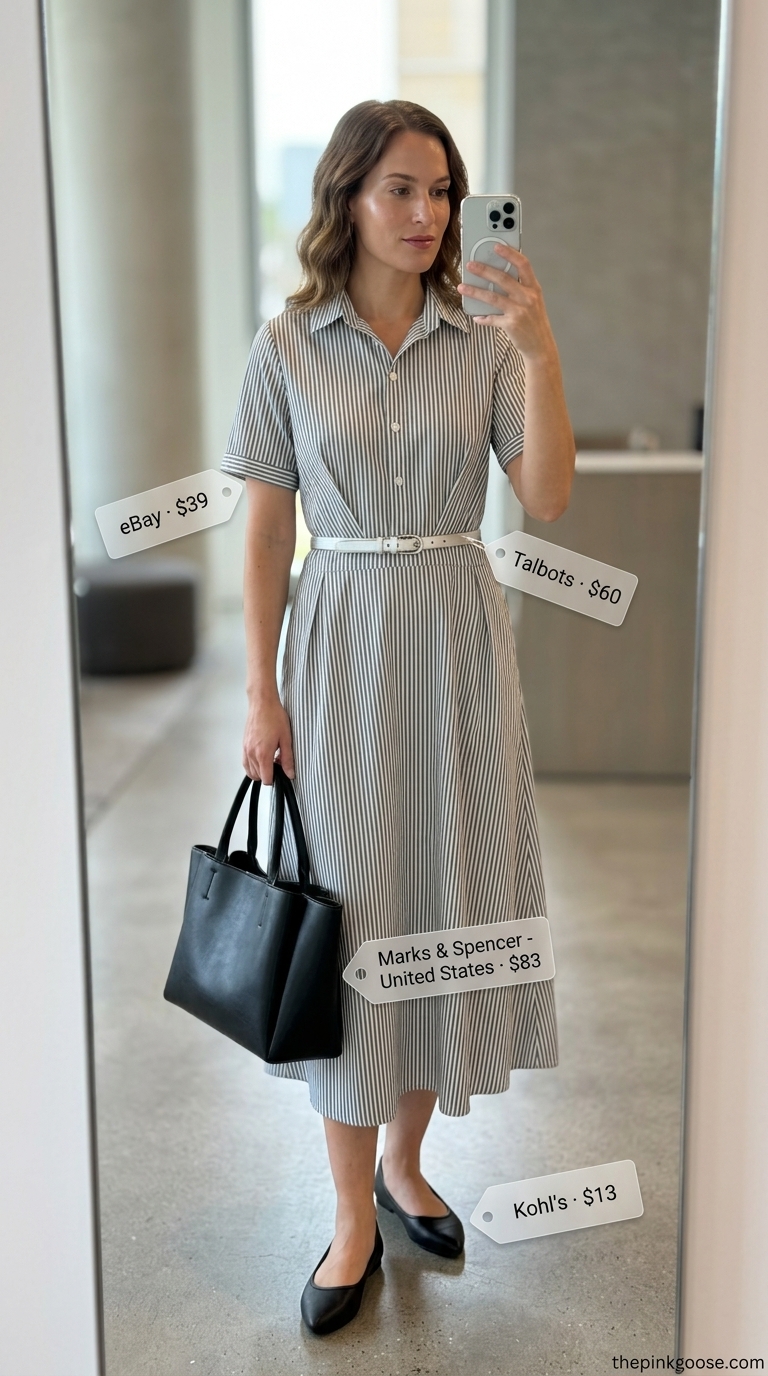 Light summer work outfits for women 2026: Grey pinstripe shirt dress, black flats, and tote for a classic office look.