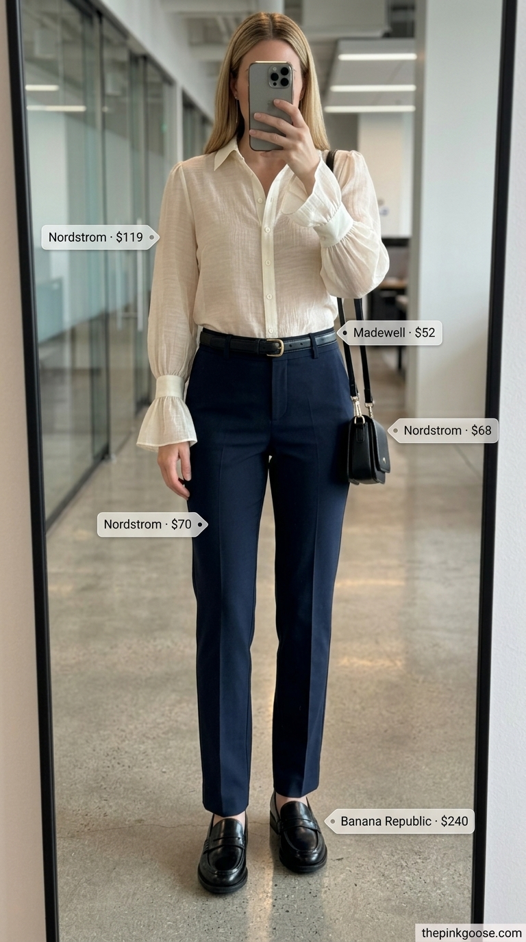 Light summer work outfits for women 2026: Navy trousers with ivory chiffon blouse, loafers, and crossbody bag.