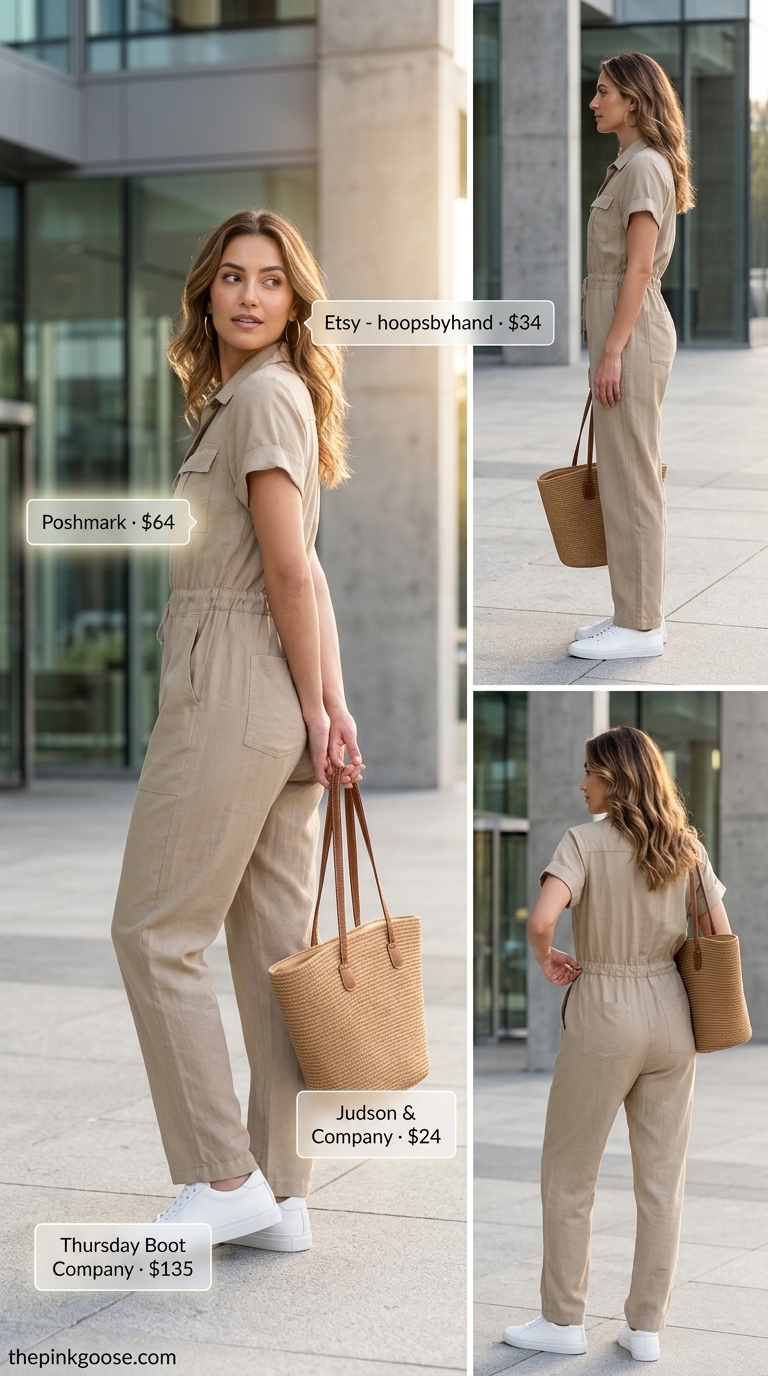 Light summer work outfits for women 2026: Taupe utility jumpsuit with white sneakers and straw tote.