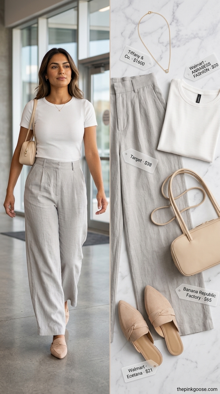 Light summer work outfits for women 2026: Grey wide-leg pants, cream knit top, and nude mules for a relaxed office style.
