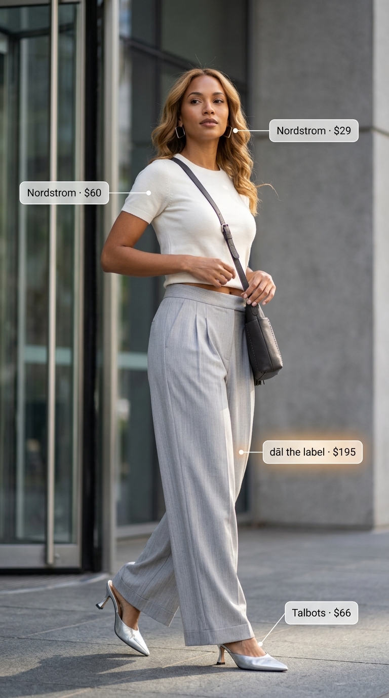 Light summer work outfits for women 2026: Light grey wide-leg trousers, ivory knit top, and silver mules for a sophisticated office look.